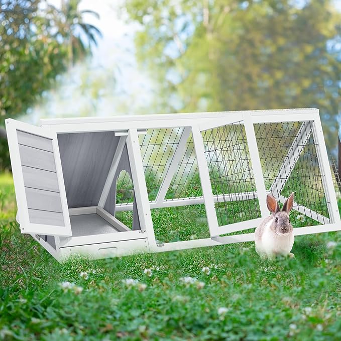 Wooden Rabbit Cage Indoor,A-Frame Bunny Playpen House Outdoor,Small Bunny Hutch with Ventilating Wire Fence for Puppy Rabbits (Grey)