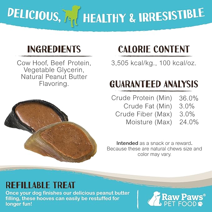 Raw Paws Filled Cow Hooves for Dogs - Peanut Butter Flavor, (5-Count) Natural Beef, Free Range Cow Hooves - Peanut Butter for Dogs - Stuffed Cow Hoof Dog Chews