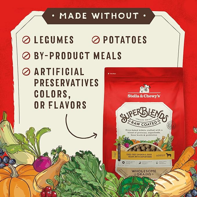 Stella & Chewy's SuperBlends Raw Coated Wholesome Grains Cage-Free Chicken & Duck Recipe with Superfoods, 3.5 lb. Bag