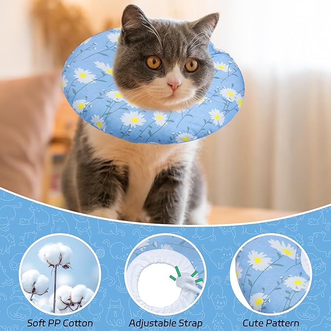 Seyezo Cat Cone Collar Soft, Adjustable Cat Recovery Collars Kitten Cones to Stop Licking, Cute Donut E Collar After Surgery, Wound Healing Elizabethan Collar for Kitten(Blue Daisy, Large)