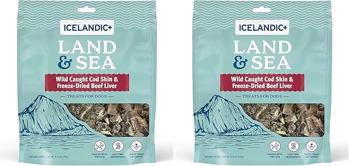 Icelandic+ Land & Sea Wild Caught Cod Skin & Freeze-Dried Beef Liver - 6.75oz Bag, Dog Treat & Food Topper, 2 Ingredients, No Preservatives, Natural (Pack of 2)