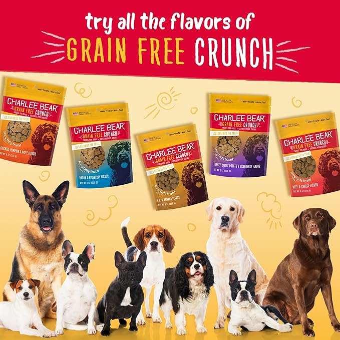 Charlee Bear Dog Treats Small Dogs Training Treats Crunchy Low Cal, Grain Free Canine Snacks, USA, Puppy Training Biscuits, Bacon & Blueberry, 4 Pack, 8oz Ea