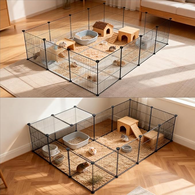 Pet Playpen Indoor, Transparent Clear + Wire Small Animal Playpen, 28 Panels (11.8") DIY Plastic Enclosure, Expandable Pet Fence Indoor for Guinea Pigs, Bunny, Hamsters, Hedgehogs, Puppies & Kittens