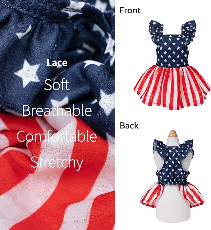 Fitwarm 4th of July Star Dog Dress, Patriotic Clothes for Small Dogs Girl, Festive Pet Outfit, Blue, Red, White, Small