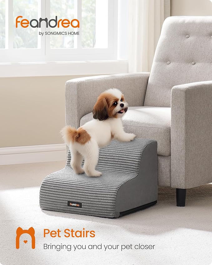 Feandrea 2-Step Dog Stairs, Dog Steps for Bed, Sofa, Waterproof Pet Stairs with Anti-Slip Designs, Gentle Slope, Removable Washable Cover, Handle, Dove Gray UPPS002G01
