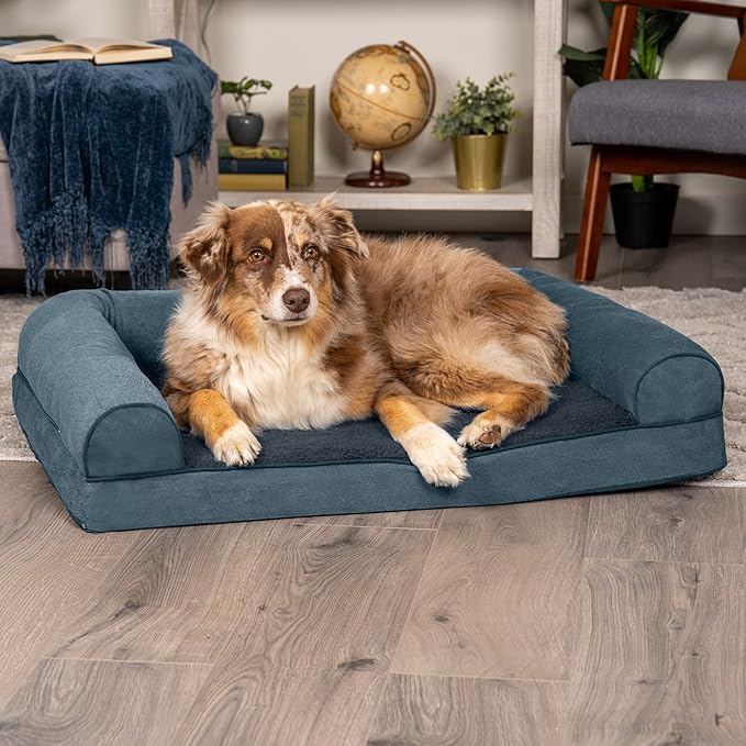 Furhaven Cooling Gel Dog Bed for Large/Medium Dogs w/ Removable Bolsters & Washable Cover, For Dogs Up to 55 lbs - Sherpa & Chenille Sofa - Orion Blue, Large