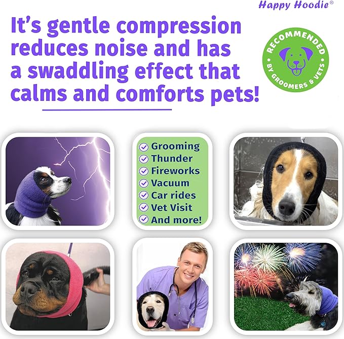 Happy Hoodie The Original Dog & Cat Calming Band - American Brand - Anxiety Relief/Noise Protection-Grooming-Thunder-Fireworks (XS, Black) - Since 2008