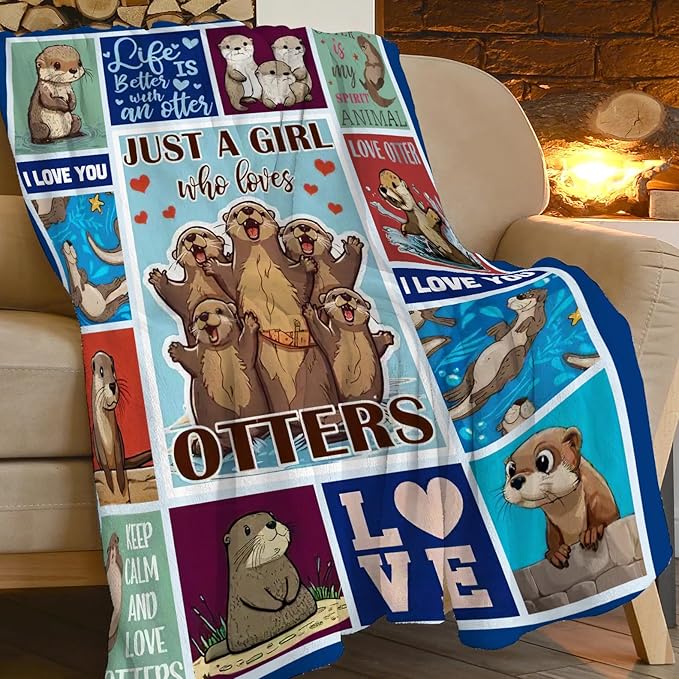 SweetFox Just A Girl Who Loves Otters Blanket, Otter Decor Throw Blanket Gifts for Girls Boys Lovers Super Warm Soft Plush Fleece Flannel Winter Bedding Blankets for Kids Adults Men Women 50"X40"
