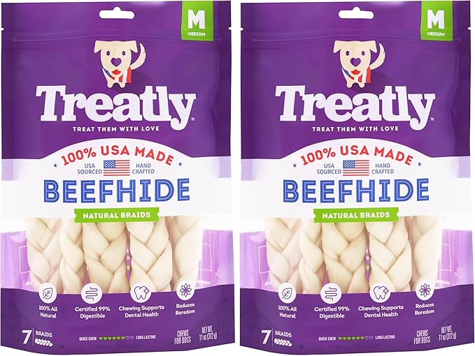 USA Beefhide Braids 7-8" Dog Chew Treats - Natural Flavor, 7 Count/2 Pack