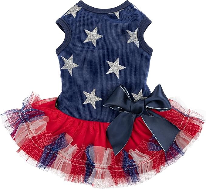 Fitwarm Patriotic Sparkly Stars Dog Dress, 4th of July Clothes for Small Dogs Girl, Pet Outfit, Royal Blue, Red, Silver, Medium