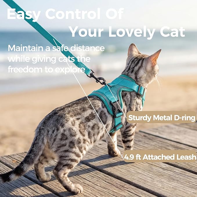 Cat Harness and Leash Set Escape Proof Tactical Medium Kitten Harness Emotional Support Cat Vest, Turquoise, M