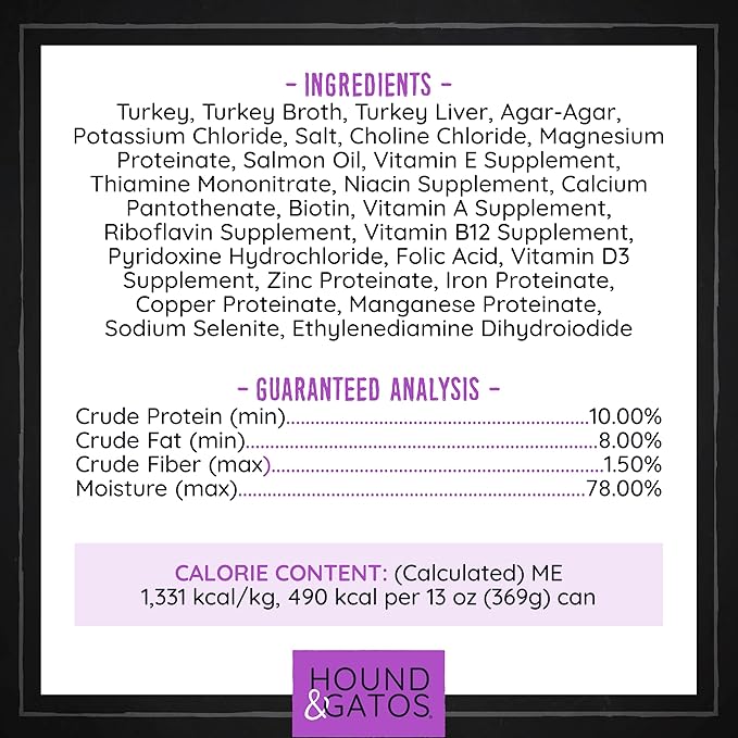 Hound & Gatos Wet Dog Food, 98% Real Meat, Single Protein Turkey Recipe, High Protein, Supports Digestive Health, Limited Ingredients, Grain Free, 13 oz. Cans (Pack of 12)