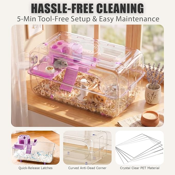 Large Hamster Cage 24" L×14" H - 360° Clear TV Shaped Pet Enclosure with 12-in-1 Starter Kit, 2-Tier Acrylic Habitat with Deep Burrowing Base, Silent Wheel for Syrian, Dwarf Hamsters & Gerbil Cage