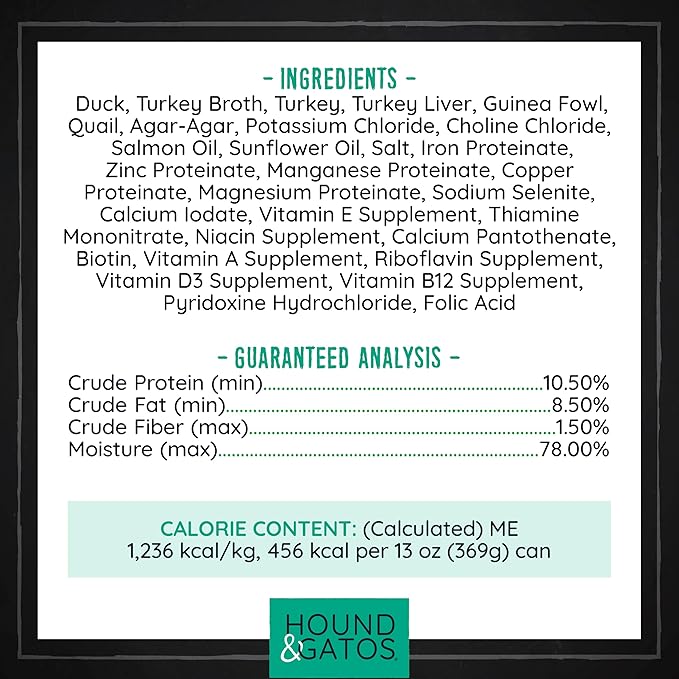 Hound & Gatos Wet Dog Food, 98% Real Meat, High Protein Poultry and Gamebird Recipe, Supports Digestive Health, Limited Ingredients, Grain Free, 13 oz. Cans (Pack of 12)