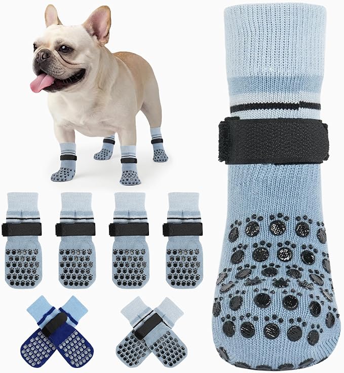 Kuoser Dog Socks, Non-Slip Dog Grip Sock for Hardwood Floors, No Twist Dog Boots & Paw Protectors 4 Pcs Anti-Scratch Hot Pavement Winter Snow Socks for Small Medium Large Senior Dogs, Grey M