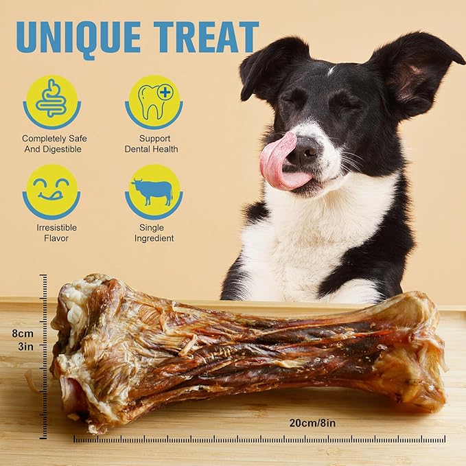 Real Beef Bones for Dogs with Meat - 8'' Big Dog Bones Beef Shank Bone, Rawhide-Free Long-Lasting Natural Single-Ingredient Dog Treats for Small, Medium & Large Dogs (1 Count)