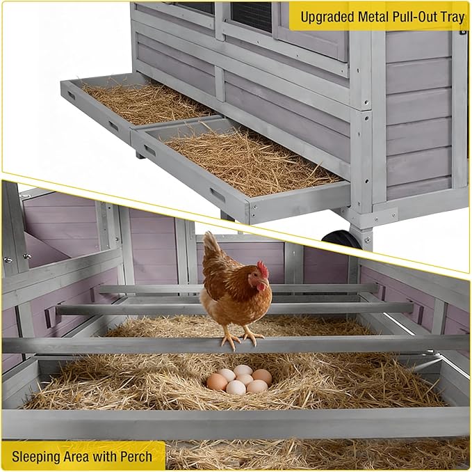 Mobile Chicken Coop with Wheels, Large 16.4ft² Chicken House for 6-8 Chickens, Weatherproof Chicken Tractor, with Nesting Boxes & Foldable Ramp, Easy Clean with Pull-Out Metal Trays