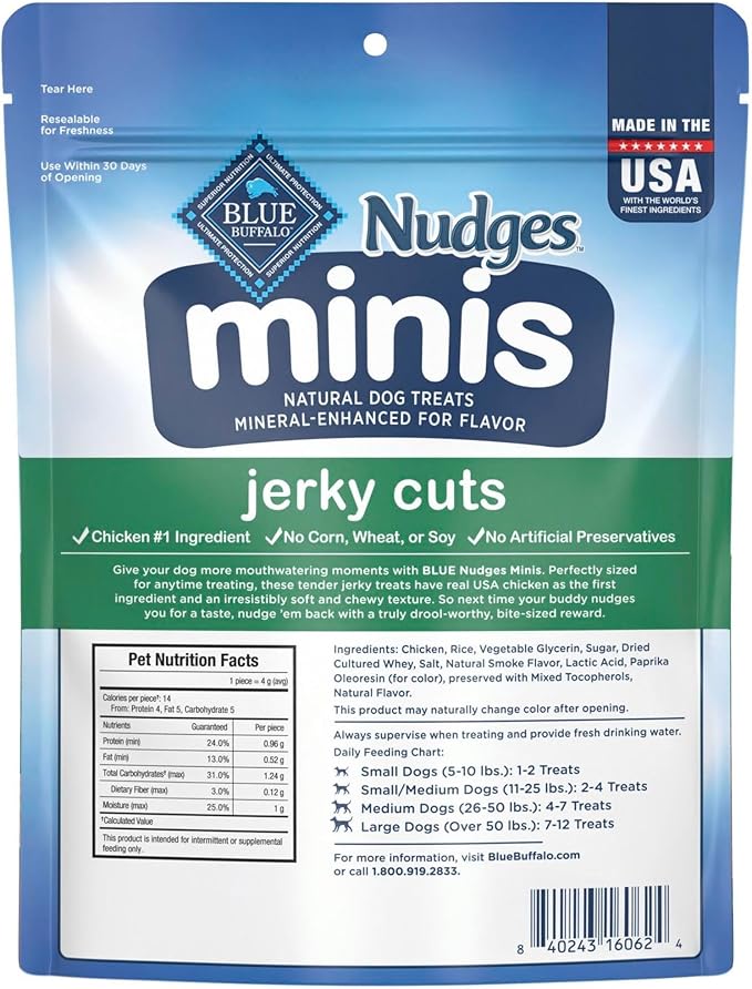 Blue Buffalo Nudges Minis Jerky Cuts Made with Real Chicken, Natural Dog Treats Mineral-Enhanced for Flavor, 10 oz. Bag