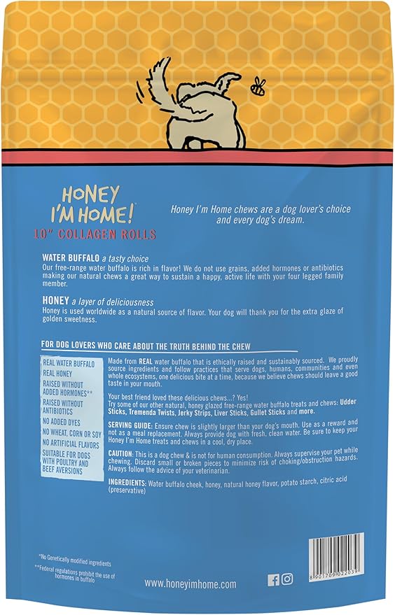 Honey I'm Home Natural Honey Coated 10" Collagen Roll Buffalo Treats, 3 Count