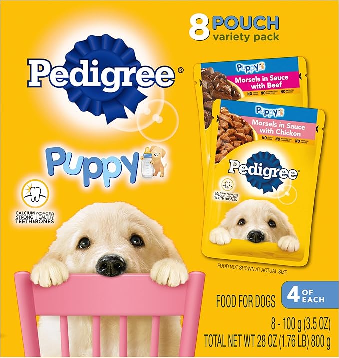 Pedigree Puppy Soft Wet Dog Food 8-Count Variety Pack, 3.5 Oz Pouches, 8 Count (Pack of 1)