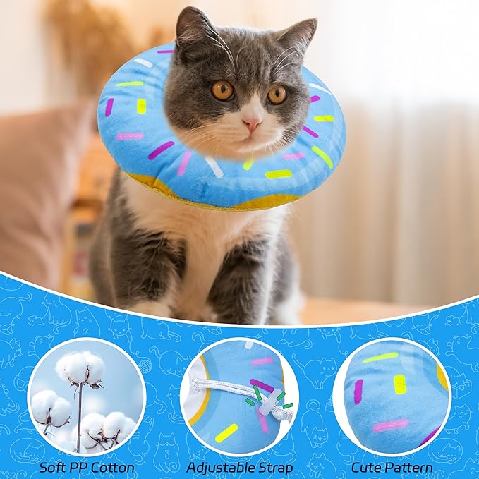 Seyezo Cat Cone Collar Soft, Adjustable Cat Recovery Collar Spay Cones to Stop Licking, Cute Donut E Collar After Surgery, Anti-Lick Wound Healing Elizabethan Collars for Kittens(Donut Blue, Small)