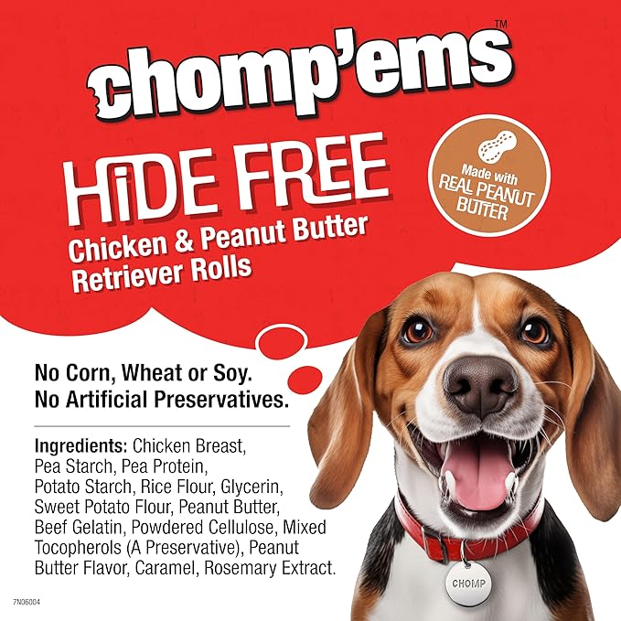 CHOMP 'EMS Chicken & Peanut Butter Hide Free Dog Chews - Rawhide Free Dog Treats - No Hide Alternative Chew Treat for All Life Stages, 7", 2 Count