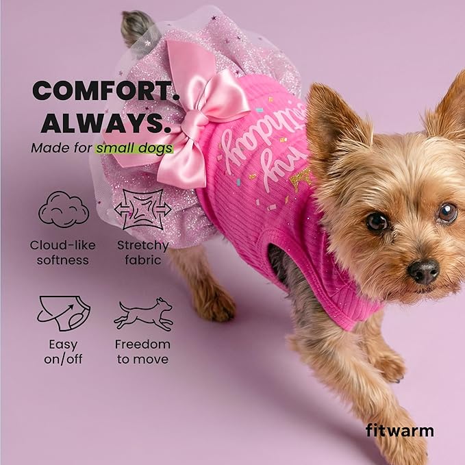 Fitwarm It's My Birthday Dog Dress - Pink Bowknot Dog Clothes for Small Female Puppy, XXS