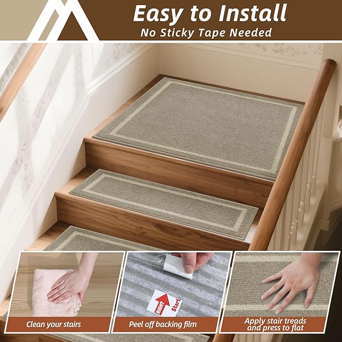COSY HOMEER Stair Landing Rug 30x30 Inch, Non-Slip Square Landing Mat for Wood Steps Indoor, Washable Polyester with TPE Backing, Beige