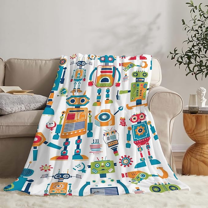 Robot Throw Blanket Cartoon Robot Machine Gifts for Kids Teens Girls Boys Adults Soft Cozy Warm Plush Fluffy Fuzzy Fleece Blanket Birthday Festival Decor 50''X60''