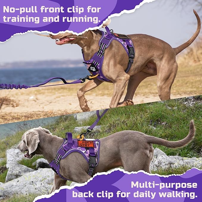 rabbitgoo Tactical Dog Harness Medium Sized Dog, No Pull Military Service Vest with Handle & Molle, Easy Control for Training Walking, Adjustable Reflective Straps, Purple Camo, M