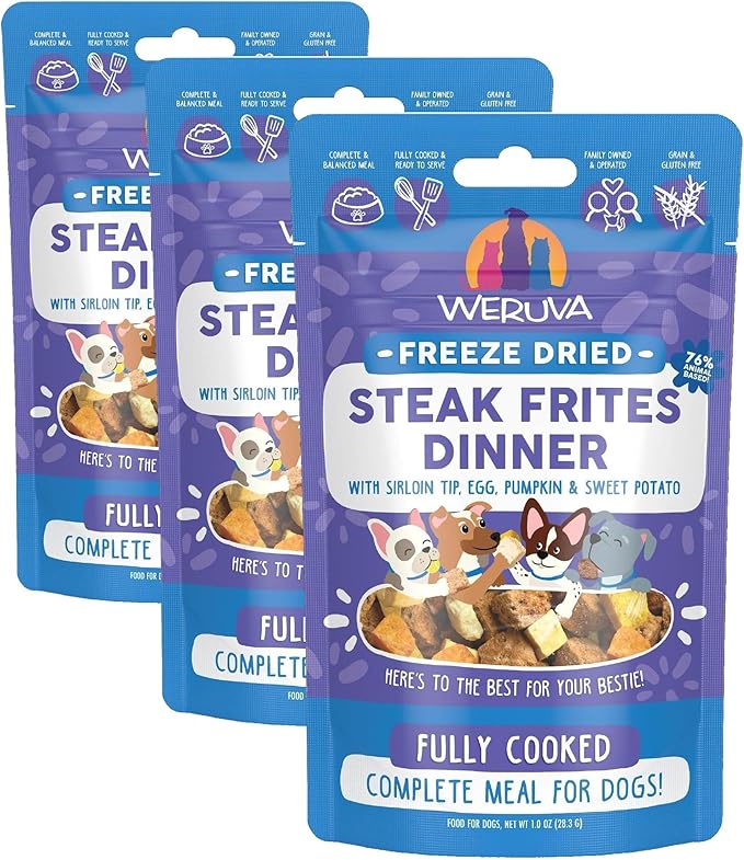 Weruva Dog Freeze Dried, Steak Frites Dinner with Sirloin Tip, Egg, Pumpkin & Sweet Potato, 1oz Bag (Pack of 3)