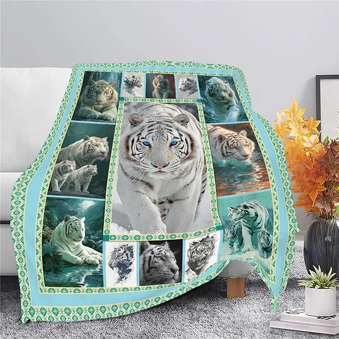 White Tiger Throw Blanket White Tiger Stuff Gifts for Kids Girls Boys Adults Women Men Soft Cozy Warm Plush Fluffy Fuzzy Fleece Blanket Decor 40''X50''