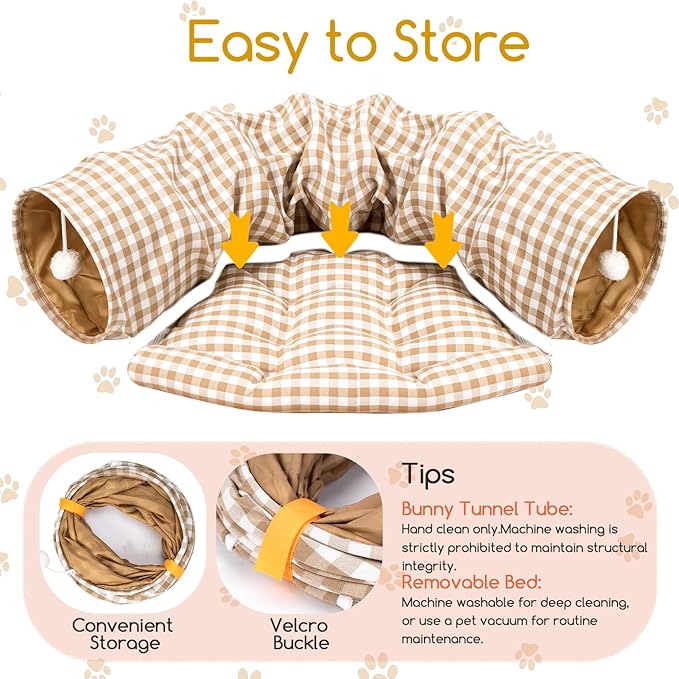 Bunny Tunnel Bed, 2-in-1 Collapsible Tunnel Tubes with Removable Cushion Bed, Cozy Bunny Hideout Rabbit Tunnel Tube Toys for Cats Kittens Rabbits Small Animals
