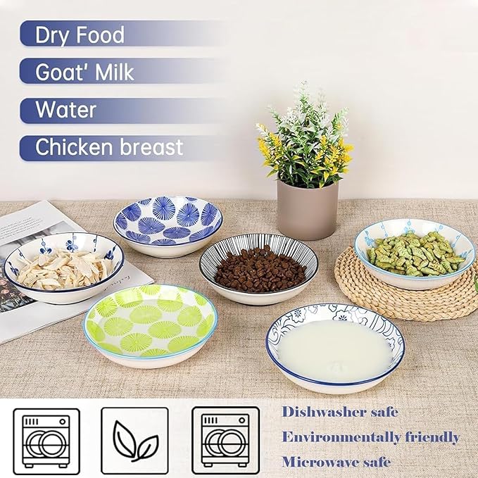 Ceramic Cat Food Bowls,6 Pack Colorful Cat Bowls Set with Metal Storage Stand,Anti-Slip Cats Dishes,Stackable Design,Kitten Plates for Wet and Dry Food Water (6bowls with Metal Holder)