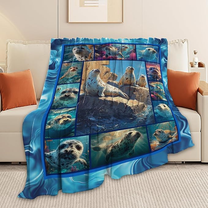 Seal Throw Blanket Ocean Seal Stuff Gifts for Kids Girls Boys Adults Women Men Soft Cozy Warm Plush Fluffy Fuzzy Fleece Blanket Decor 60''X80''