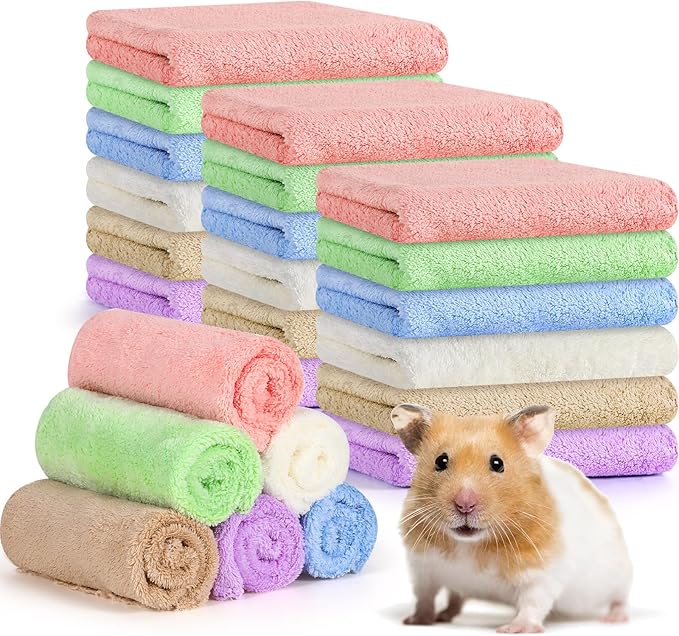 Newwiee 24 Pcs Guinea Pig Fleece Bedding Blankets Bulk Washable Small Animal Fleece Cage Liners Pet Wash Cloth Sleeping Mat Cover for Hamster Chinchilla Rabbit Hedgehog(12 x 12 Inch,Multicolor)