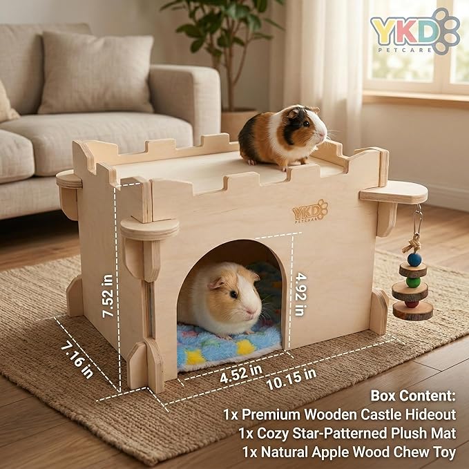 YKD Castle Chinchilla House, Small Animal Hideout for Chinchilla, Guinea Pig, Hedgehog, or Rat, Ventilated Wooden Guinea Pig Hut Habitat with Multiple Doors (Medium)