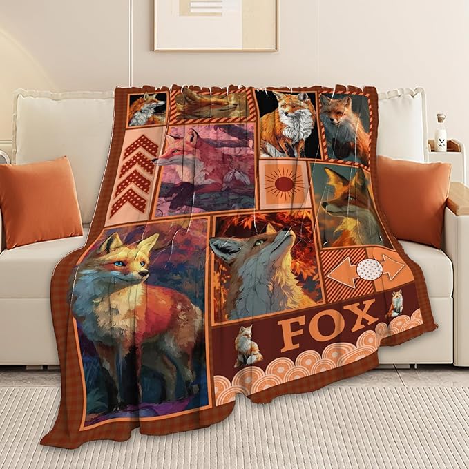 Fox Throw Blanket Orange Fox Stuff Gifts for Kids Girls Boys Adults Women Men Soft Cozy Warm Plush Fluffy Fuzzy Fleece Blanket Decor 50''X60''