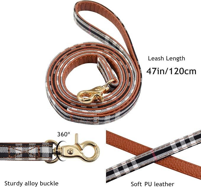 3PCS Bow Tie Dog Collar and Leash Set Plaid/Camo/Dots/Flower Dog Bandanas with Bell 3 Size Adjustable for Small Dogs Puppies and Cats (S, Black Plaid)