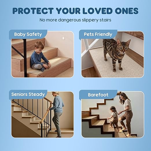 Peel and Stick Stair Carpet Treads for Wooden Steps,15 Pack Indoor Beige Stair Mats, Basement Safety Stick On Stair Rug Step Pads for Pet Dog, Elders and Kids
