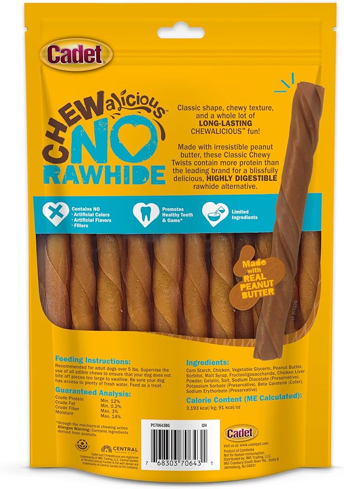 Cadet Chewalicious Classic Chewy Twists with Real Peanut Butter, Rawhide-Free Healthy Dog Chews, Limited-Ingredient & Long-Lasting Chew Treats for Dogs, Peanut Butter Flavor, 15 Count