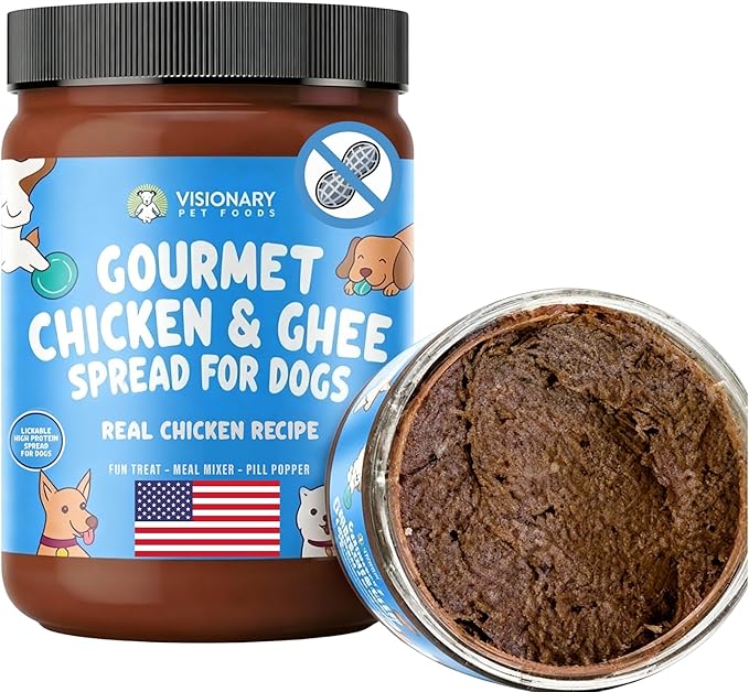 Visionary Pet Foods Chicken Meat Spread - Healthy Dog Treat - Alternative to Dog Peanut Butter, Xylitol Free, No Sugar and Filler Free - Use on Lick Mat, Food Mixer, Pill Pockets - 12oz Jar