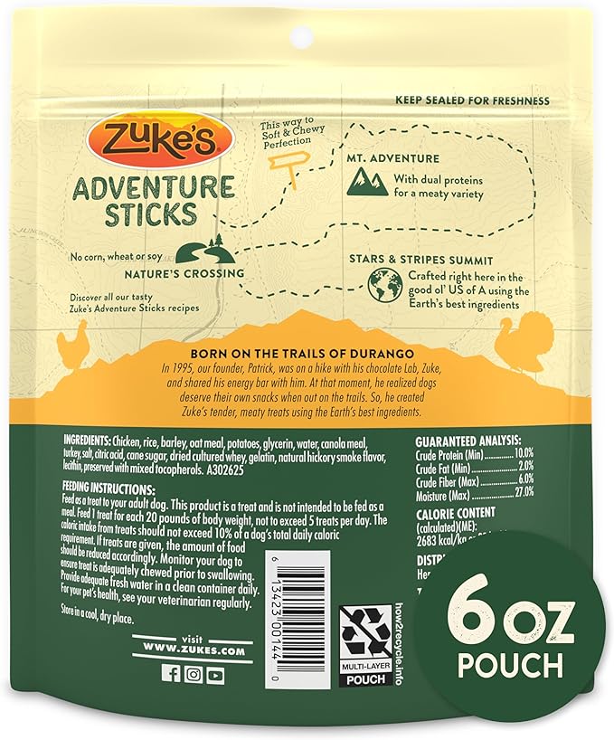 Zukes Adventure Sticks Chicken and Turkey Dog Treats, Natural Dog Treat Sticks - 6 oz. Pouch