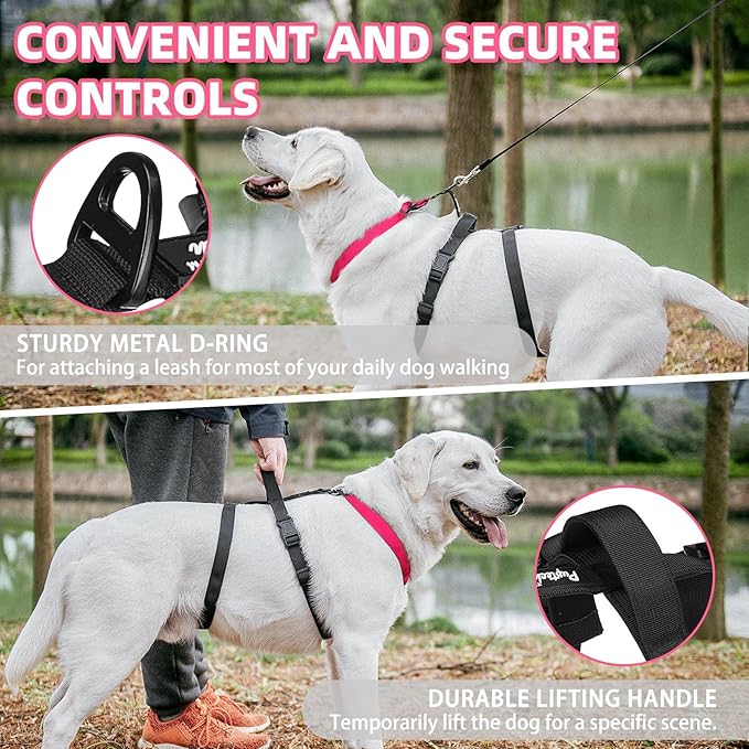 PUPTECK Escape Proof Dog Harness - No Pull Soft Padded Full Body Pet Halter Harness with Lift Handle for Small Medium Large Doggies Walking Hiking Hunting, Deep Pink & Black, M