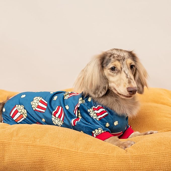 Fitwarm Popcorn Dog Pajamas, Funny Dog Clothes for Small Dogs Boy Girl, Fleece Pet Onesie with Feet, Blue, Red, White, Yellow, Large