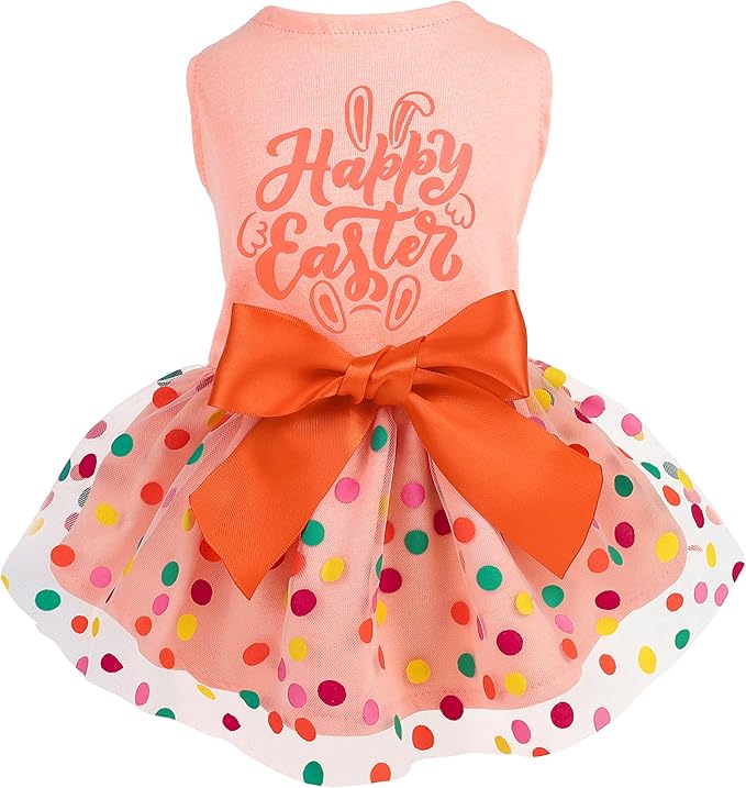 Fitwarm Happy Easter Day Dog Dress 100% Cotton Girl Dog Clothes Easter Bunny Dogs Dresses Pet Apparel Doggie Tutu with Bowknot Cat Clothing Puppy Dresses Doggy Costume Attire Orange Large