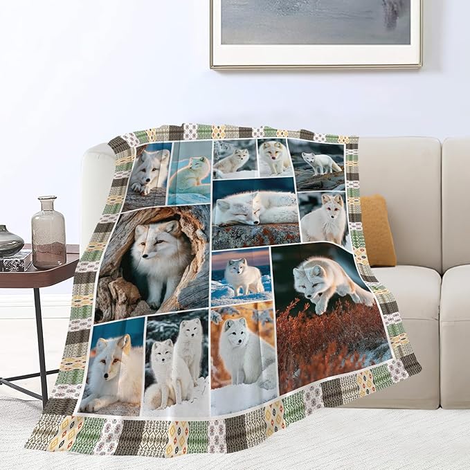 Fox Throw Blanket White Fox Stuff Gifts for Kids Girls Boys Adults Women Men Soft Cozy Warm Plush Fluffy Fuzzy Fleece Blanket Decor 60''X80''