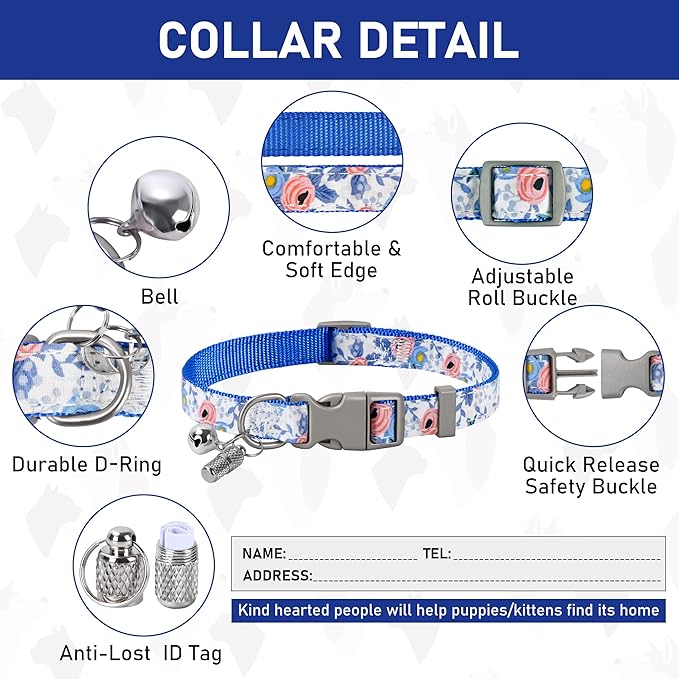 GAMUDA Small Dog Harness Collar and Leash Set, Step in No Chock No Pull Soft Mesh Adjustable Dog Vest Harnesses Plaid Reflective for Dogs Puppy Cats Kitten Rabbit (Blue Flower, L)