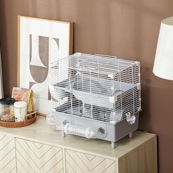 PawHut 2-Tier Hamster Cage, Small Animal Cage with Running Wheel, Tubes, Sand Bathroom, Water Bottle, Hamster Habitat with Accessories, 17.5" x 11" x 17", Gray