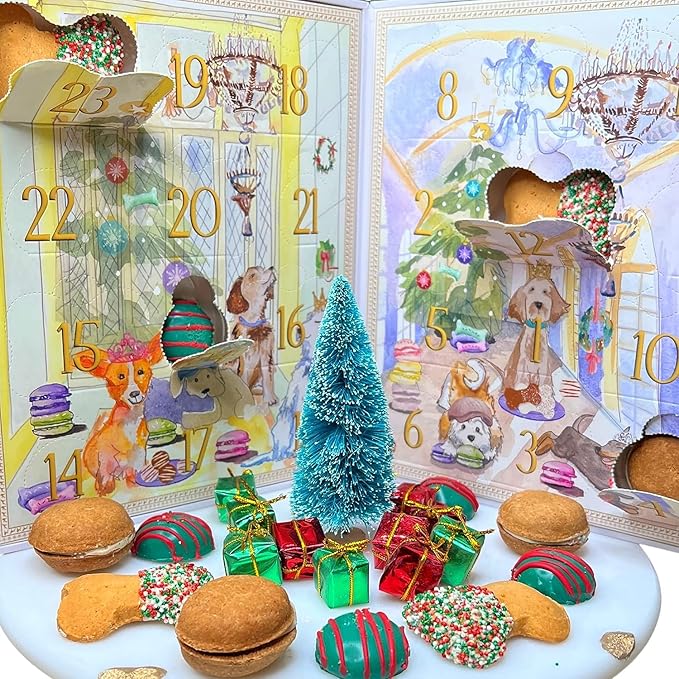 Bonne et Filou 2025 Dog Treats Advent Calendar - 24 Hand Designed Luxury Macarons, Truffles & Bone Cookies Box, Christmas Box for Dogs, Advent Treats for All Breeds (24 Count)